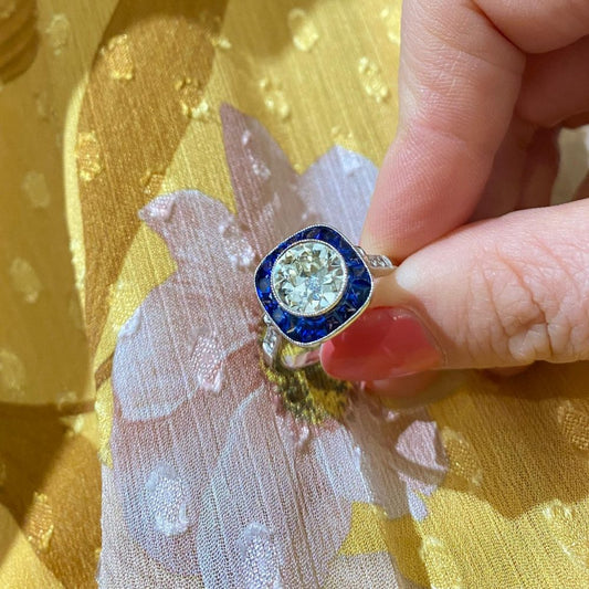 Art Deco Style 1.49ct Old Cut Diamond and Sapphire Ring
