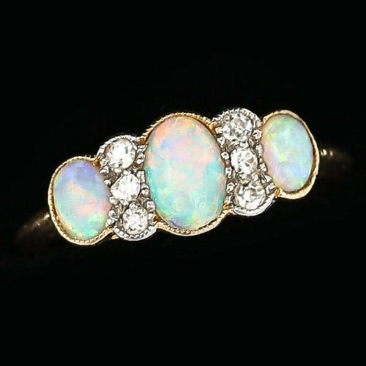 Antique Edwardian 18ct Gold Opal and Diamond Three Stone Ring
