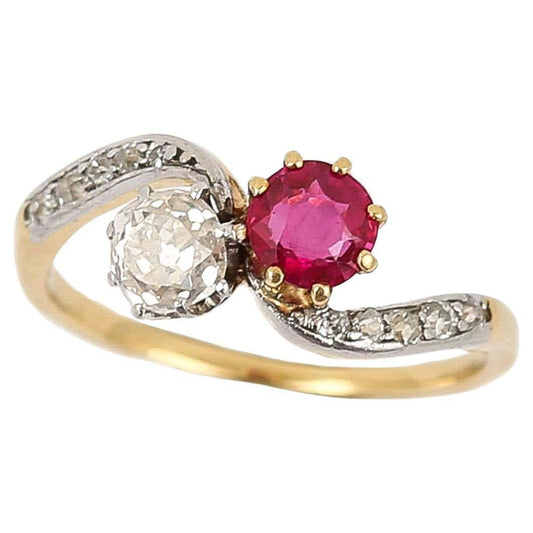 Early 20th Century 18ct Gold Ruby and Diamond Toi et Moi Ring