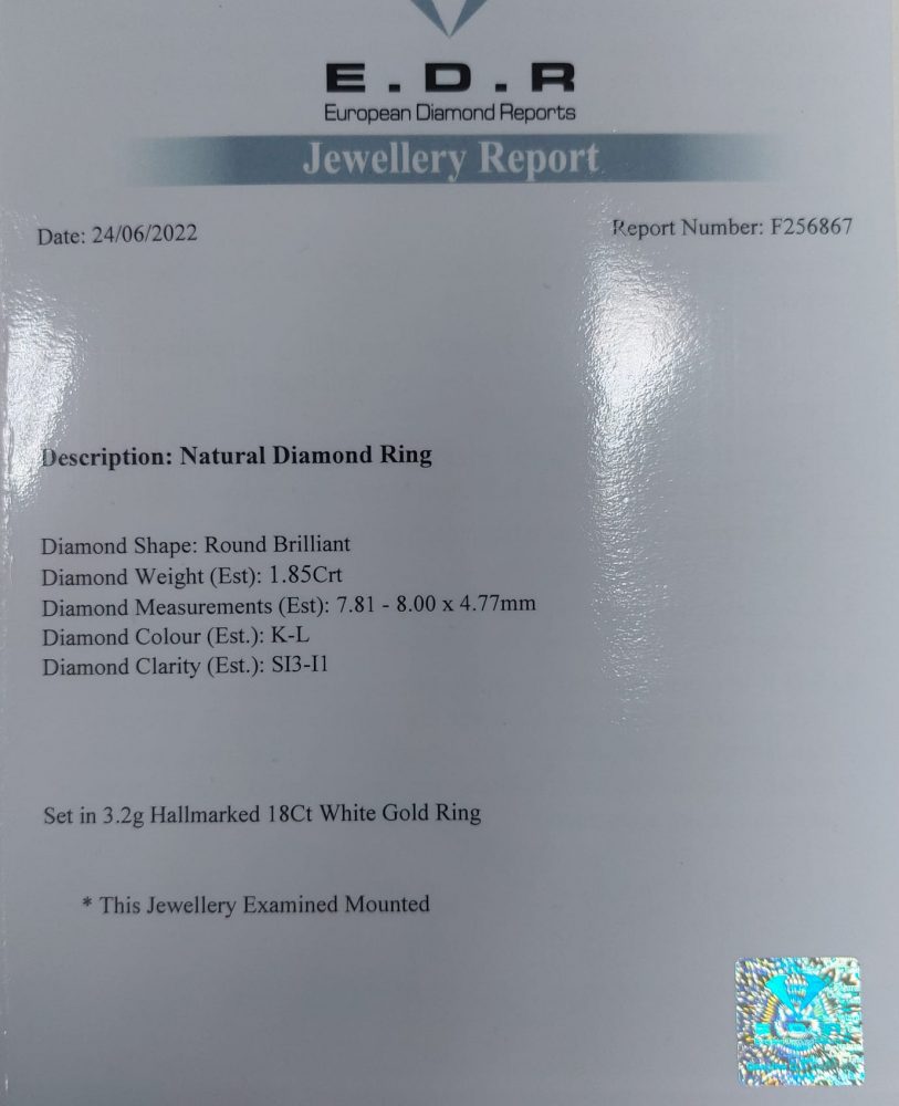 Certified 1.85ct Diamond Solitaire Engagement Ring in 18ct white gold with diamond certificate from European Diamond Reports Hatton Garden London