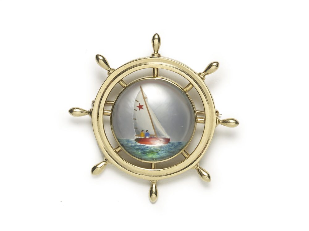 Vintage Reverse Crystal Yacht & Ship's Wheel Brooch