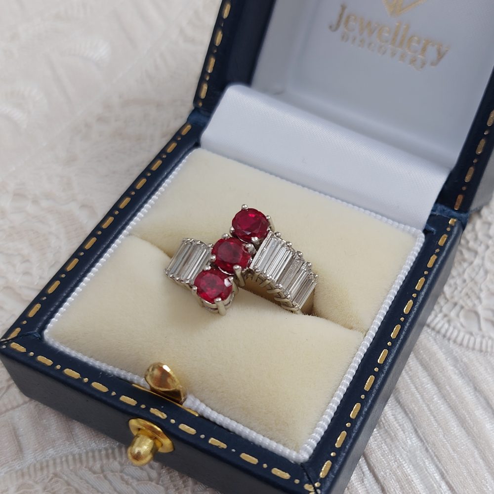 Vintage 1.70ct Burma Ruby and Baguette Cut Diamond Ring