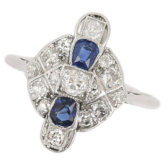 Vintage Art Deco Platinum and 18ct Gold Sapphire and Diamond Plaque Ring, Circa 1925