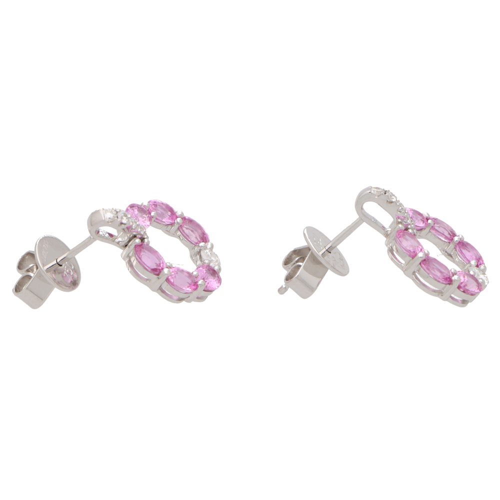 Pink Sapphire and Diamond Circle Hoop Drop Earrings