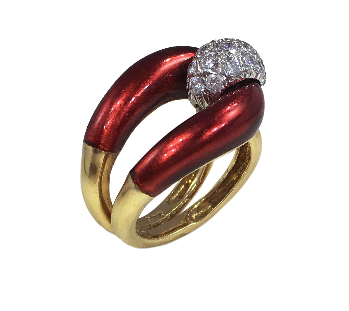 Vourakis Vintage Red Enamel, Diamond and Gold Buckle Ring