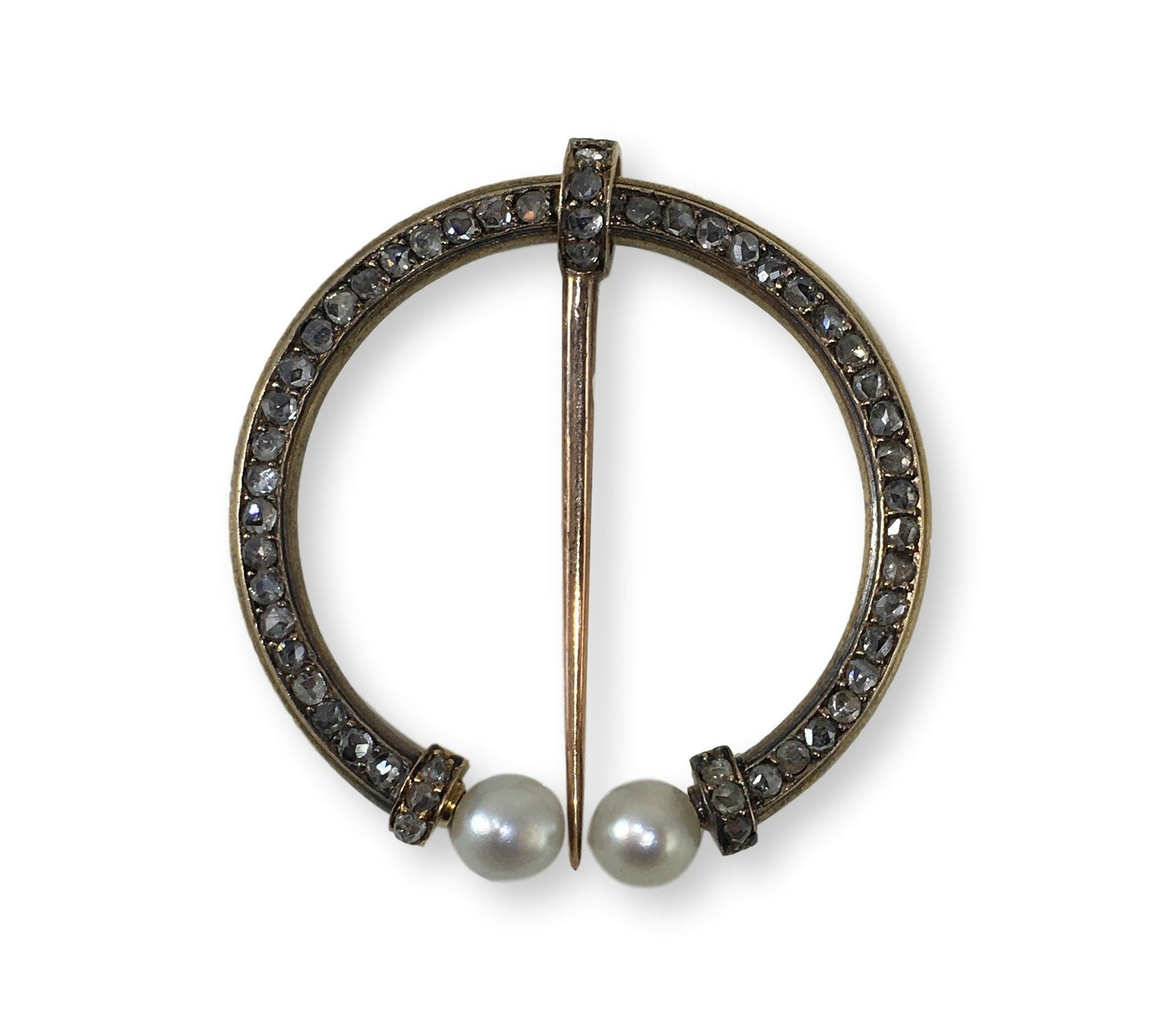 Antique French Diamond and Pearl Fibula Brooch, Circa 1890