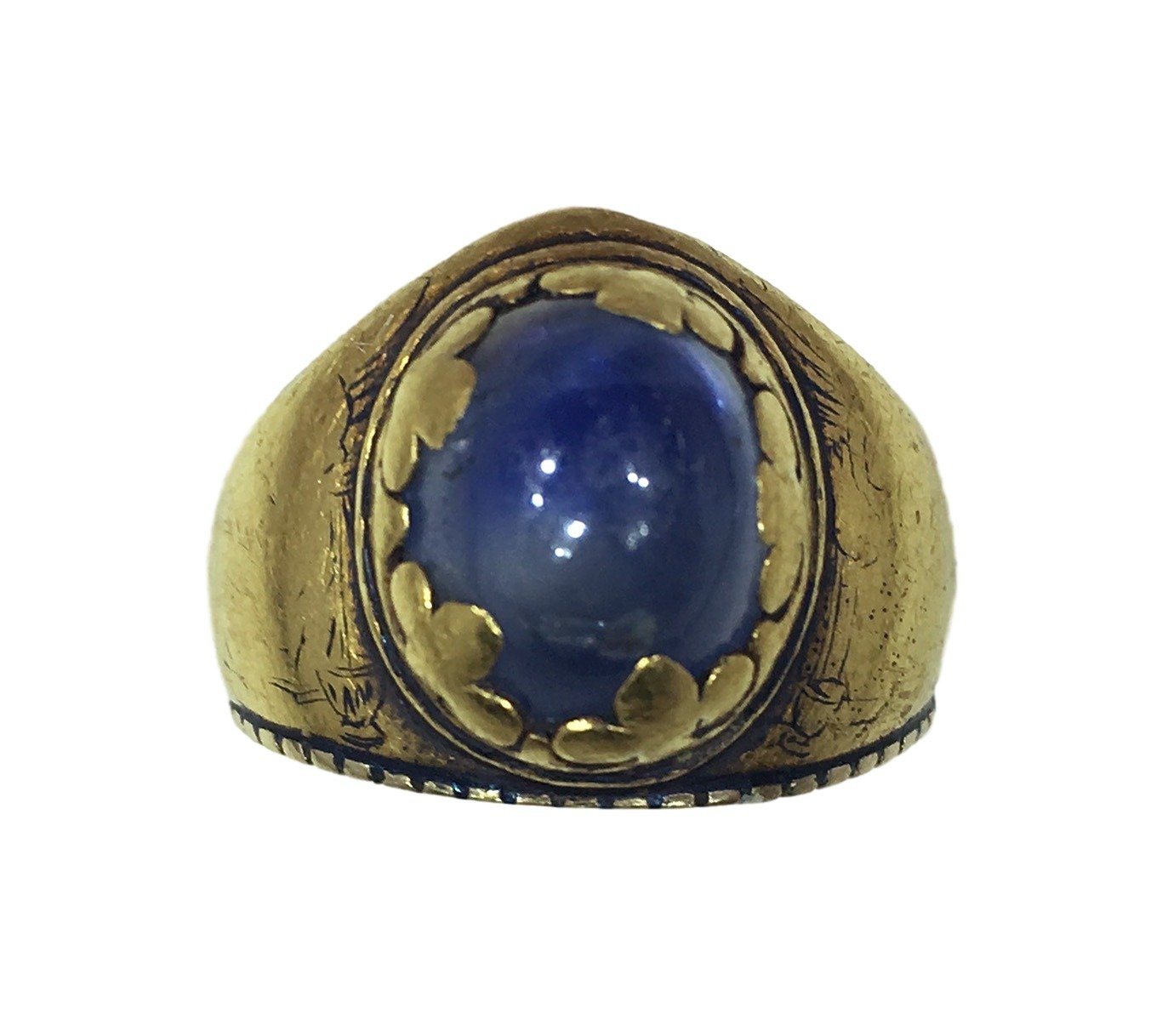 Antique 1912 Christmas Nativity 6.25ct Sapphire Gold Niello Ring