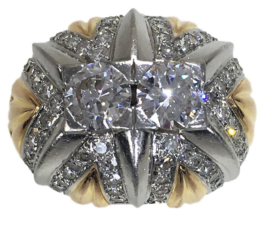 French Retro 2.55ct Diamond, Gold and Platinum Bombe Ring