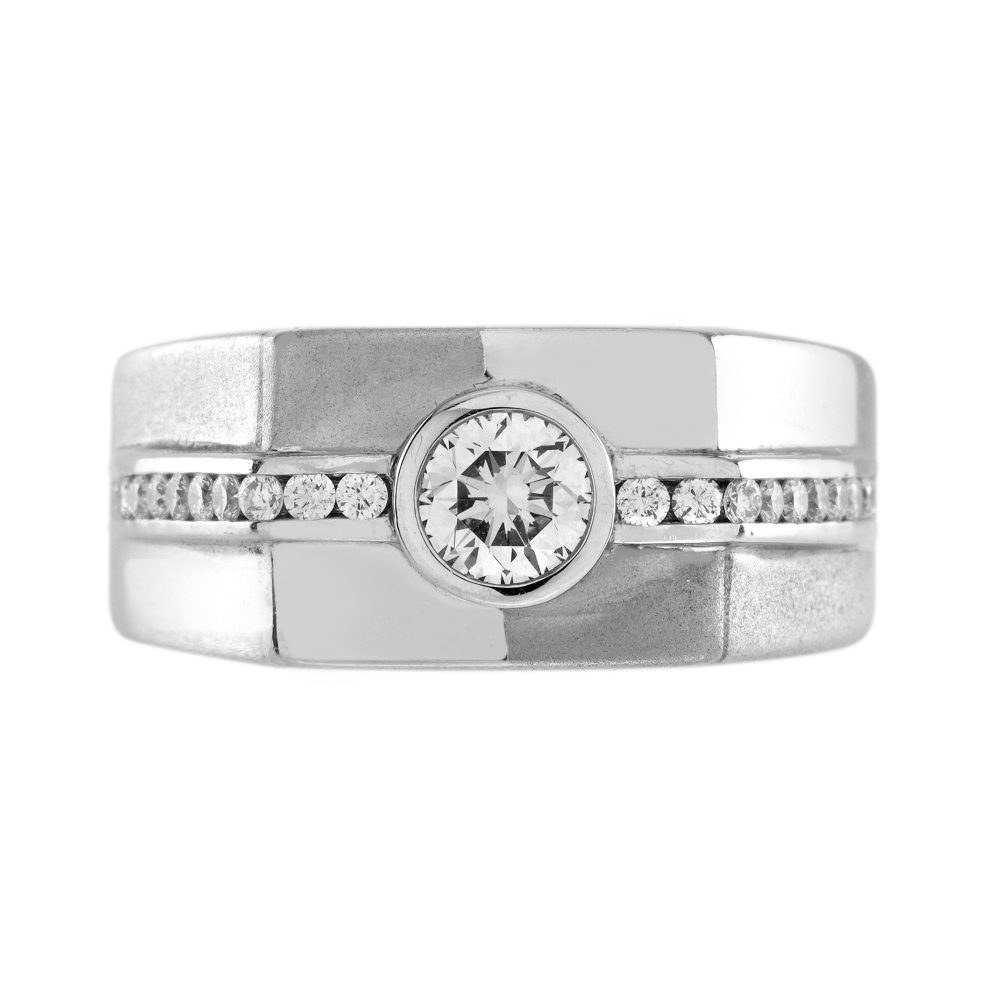 Diamond Set Gents Platinum Wedding Band Ring, angular design platinum band with 0.47ct G VS round brilliant-cut diamond within diamond studded row shoulders