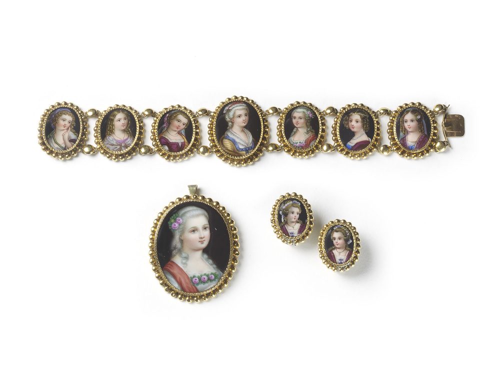 Antique Victorian Swiss Enamel Portrait Suite