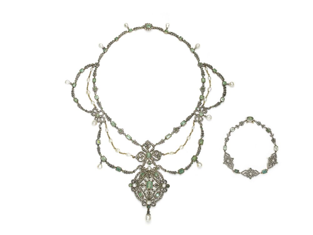 Antique 19th Century Pearl Emerald and Diamond Swag Necklace & Bracelet Suite, Circa 1840