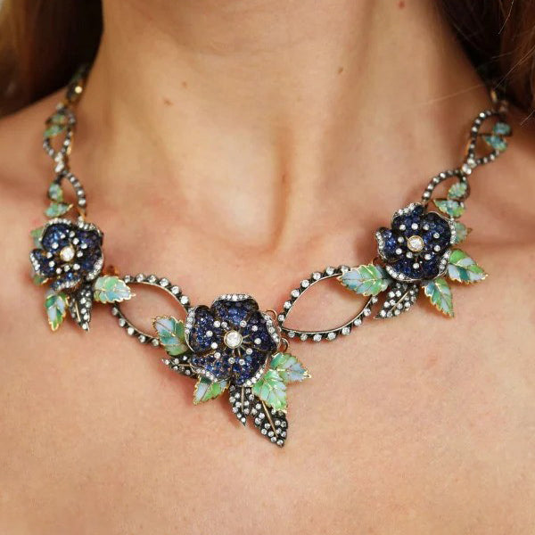 Sapphire Diamond and Green Plique a Jour Enamel Flower and Leaf Necklace