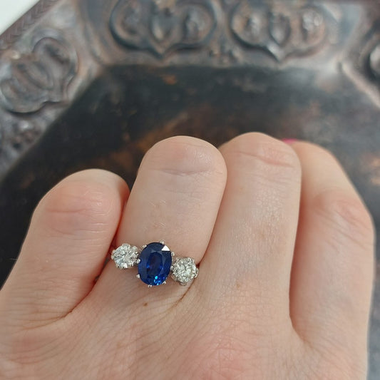 Sapphire and Diamond Three Stone Ring in Platinum 1.71 carats