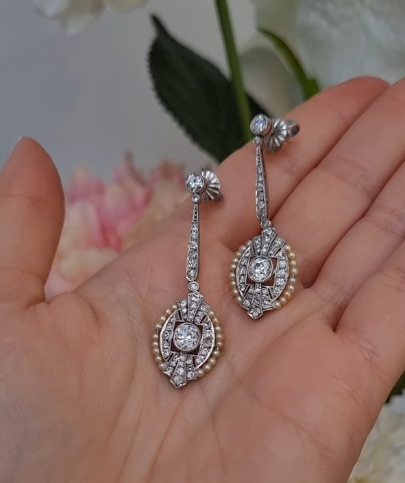 Antique edwardian diamond and natural pearl platinum earrings