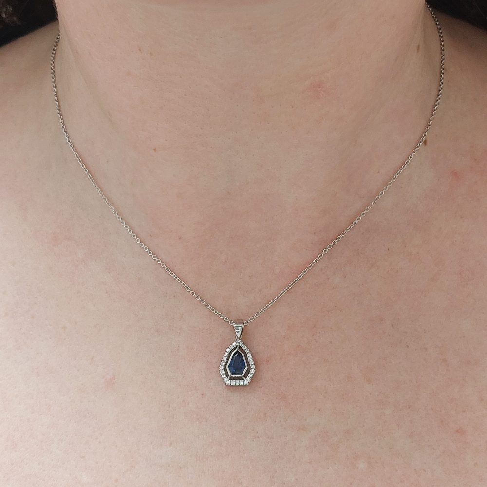 Sheild Sapphire and Diamond Pendant Necklace