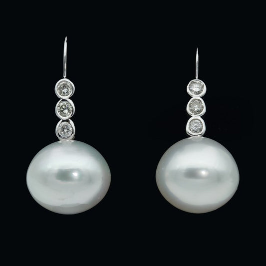 14mm 12mm South Sea Pearl Diamond Drop Earrings 14ct White Gold