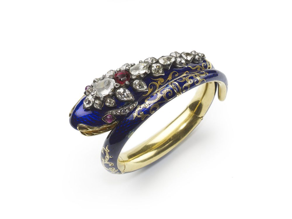 Antique Victorian Blue Enamel Snake Bangle, Diamond Set Head, 1860