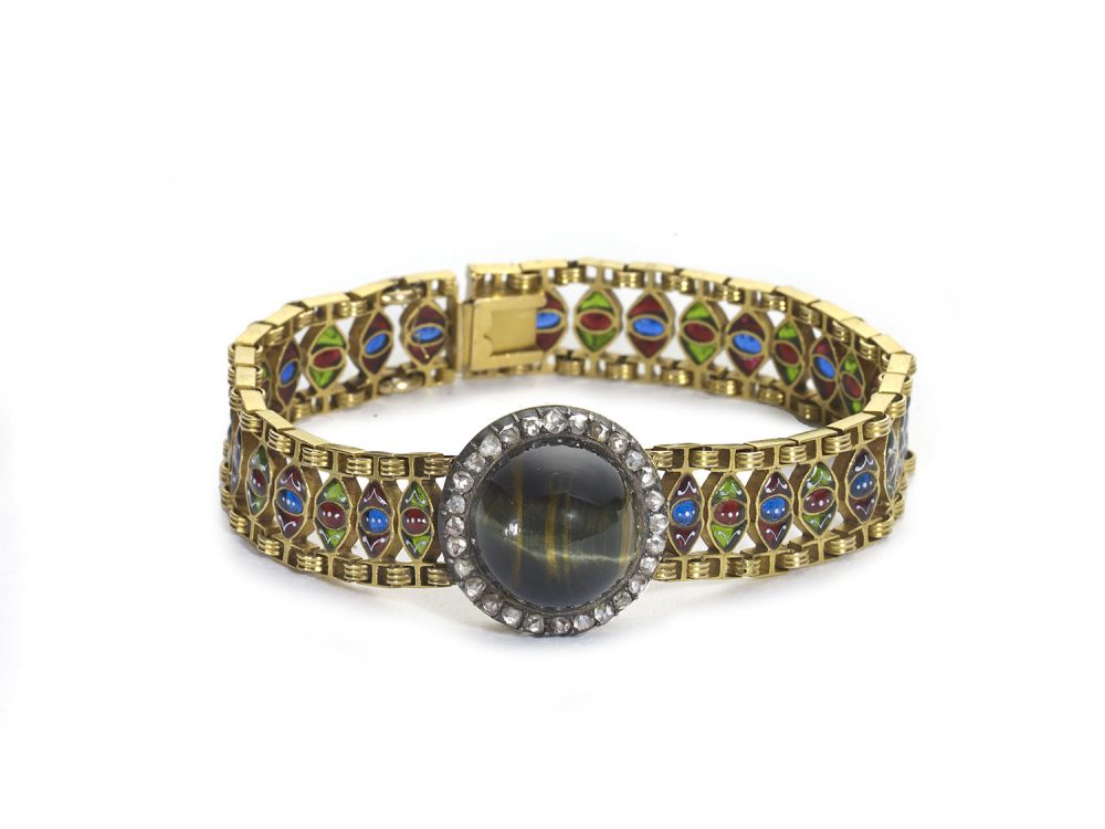 Enamel Blue Tiger's Eye Diamond Gold Bracelet