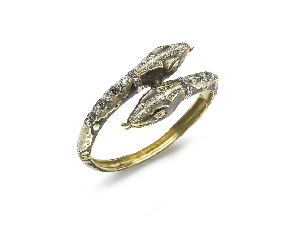 Vintage Snake Bangle, Diamonds Set and Black and White Enamel