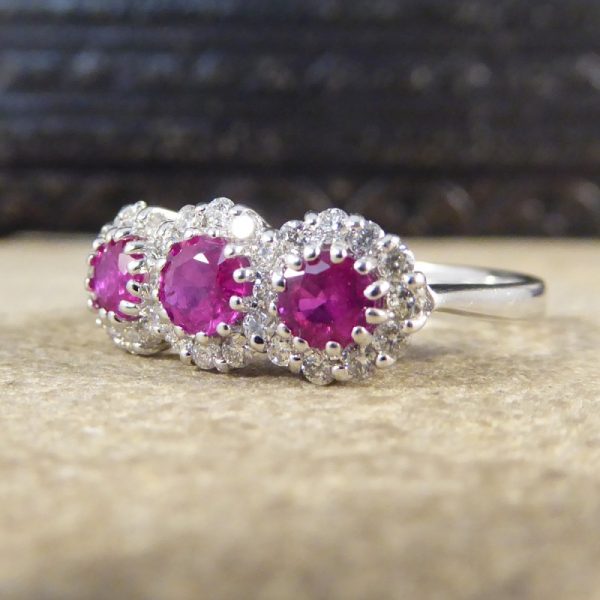 Triple Ruby and Diamond Cluster Ring in 18ct White Gold
