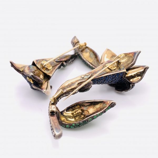 Two Sapphire Tsavorite Garnet Diamond Gentian Flower Brooches