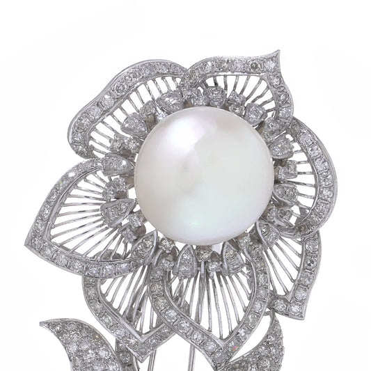 Vintage Natural Pearl and Diamond Flower Brooch