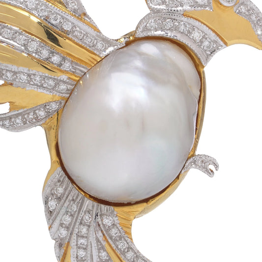 18 Carat Gold Cockatoo Brooch With South Sea Pearl And Diamonds