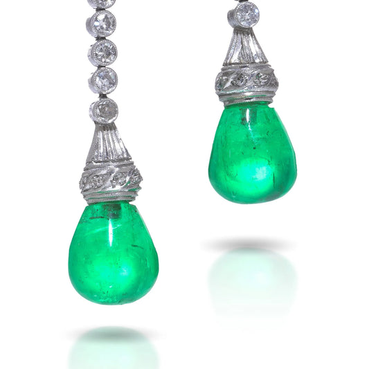 Art Deco Colombian Emerald and Diamond Drop Earrings in Platinum