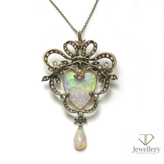 Antique Heart Opal and Diamond Pendant Brooch