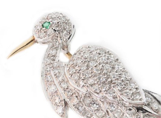 Vintage 1.24ct Diamond Stork Brooch in 18ct Yellow Gold