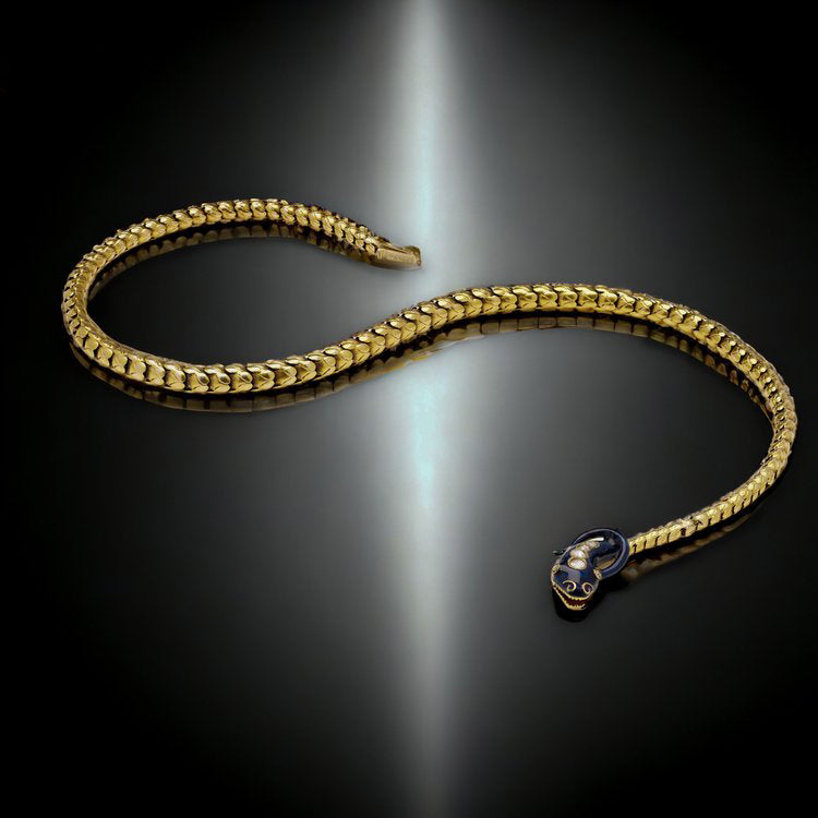 Victorian Antique Yellow Gold and Blue Enamel Snake Necklace