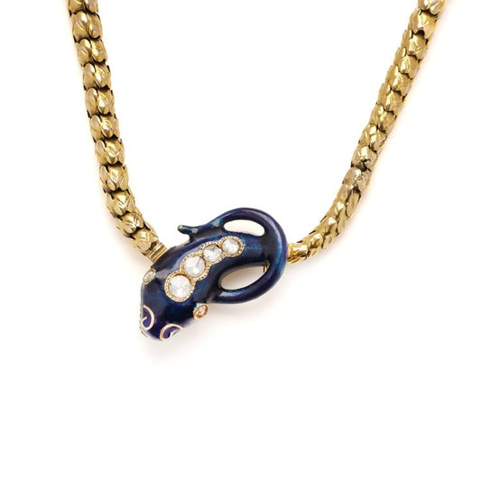 Victorian Antique 20ct Yellow Gold and Blue Enamel Snake Necklace with Rose Cut Diamonds, Circa 1860s