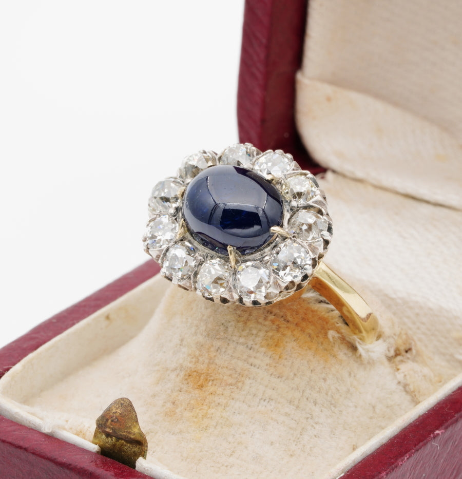 Victorian 5.90ct Cabochon Sapphire and Diamond Cluster Ring