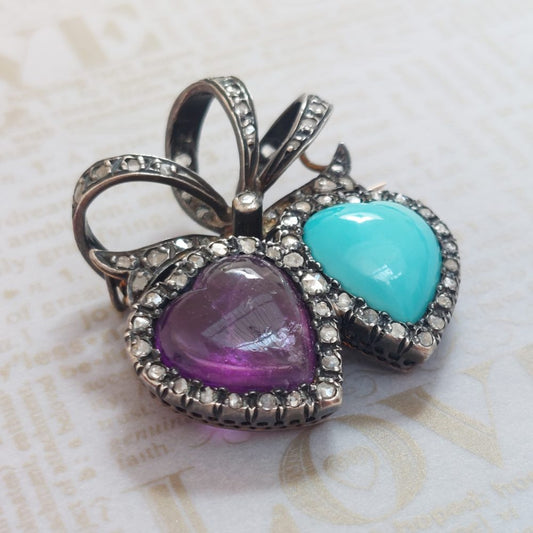 Victorian Antique Amethyst and Turquoise Double Heart Brooch