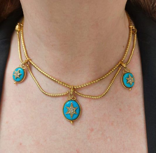 Victorian Antique Blue Enamel and Diamond Star Necklace