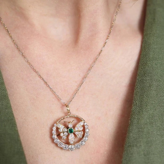 Victorian Antique Emerald and 3ct Old Cut Diamond Butterfly Crescent Pendant