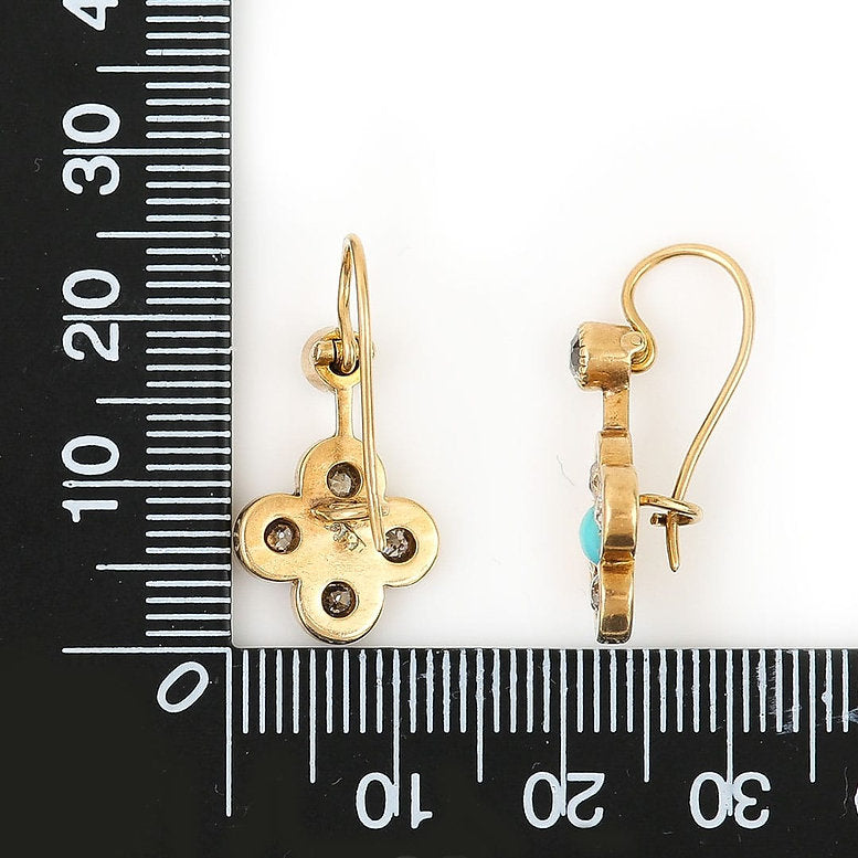 Victorian Antique Old Cut Diamond and Turquoise Quatrefoil Cluster Drop Earrings