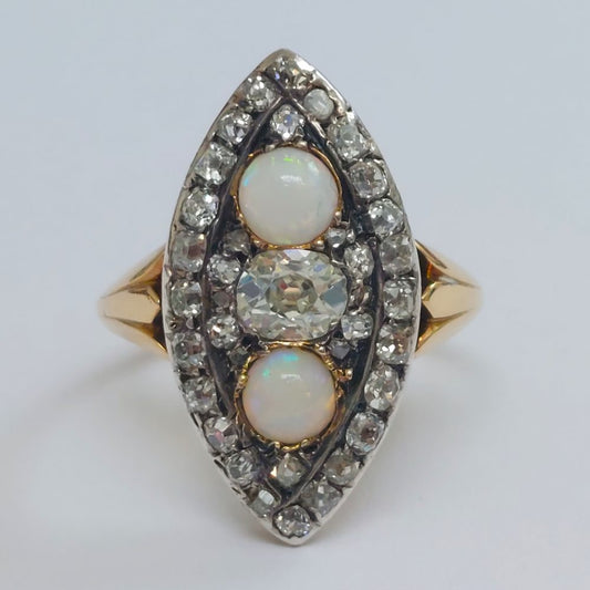 Victorian Antique Opal and Diamond Marquise Shaped Ring
