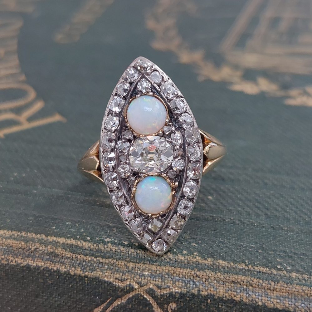 Victorian Antique Opal and Diamond Marquise Shaped Ring