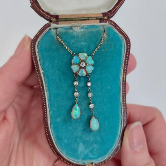 Victorian Antique Opal and Diamond Negligee Necklace