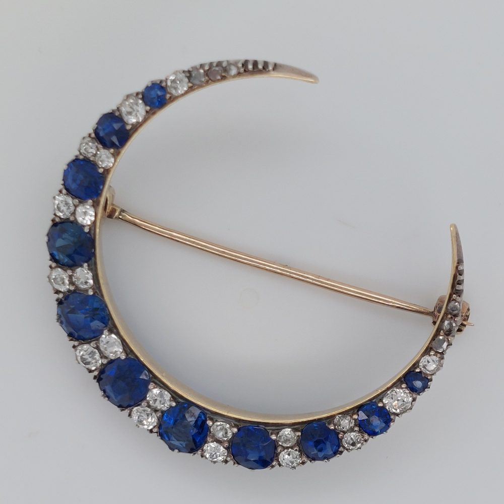 Victorian Antique Sapphire and Diamond Crescent Brooch