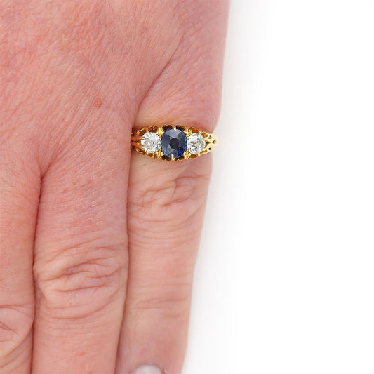Antique Victorian Sapphire and Old Cut Diamond Three Stone Ring in 18ct Yellow Gold