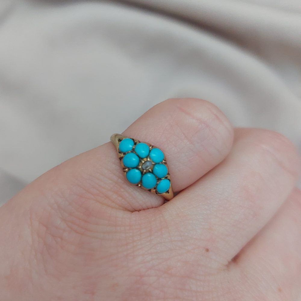 Victorian Antique Turquoise and Rose Diamond Ring