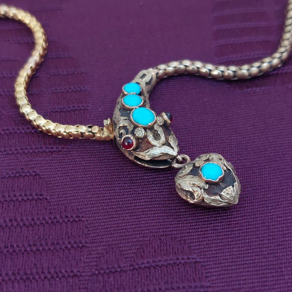 Victorian Antique Turquoise and Ruby Snake Necklace
