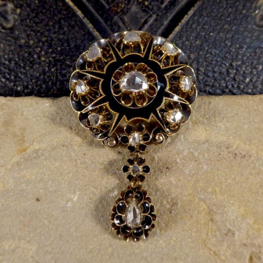 Victorian Black Enamel and Rose Cut Diamond Mourning Pendant Brooch