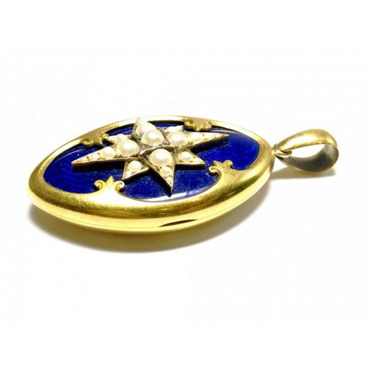 Victorian Blue Enamel Pearl Diamond Gold Locket