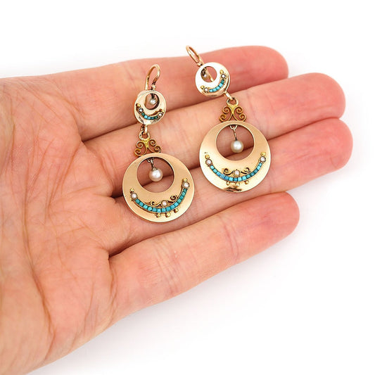 Victorian Turquoise Pearl Gold Drop Earrings