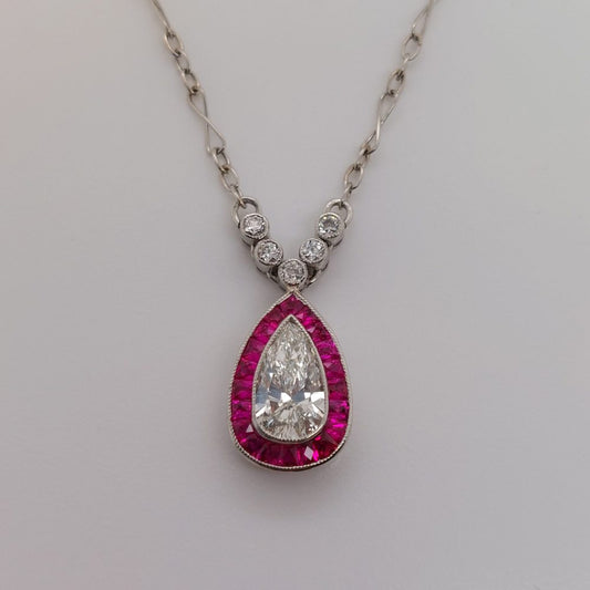 Vintage 0.70ct Pear Shape Diamond and Ruby Pendant Necklace