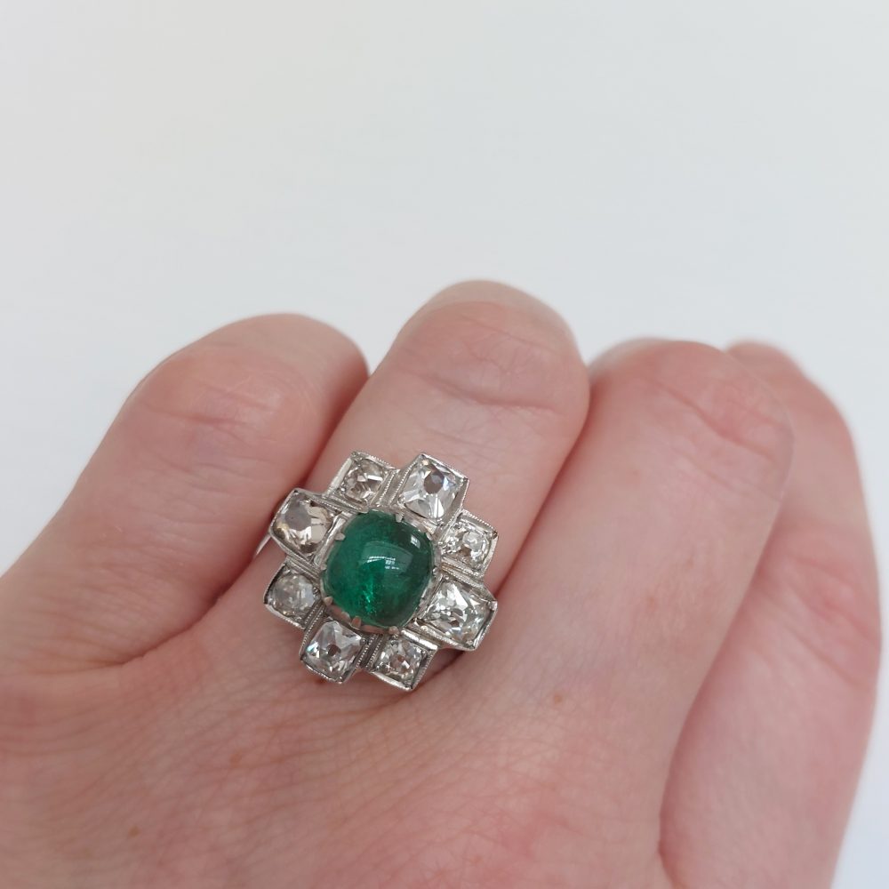 Vintage 1.50ct Cabochon Emerald and Diamond Cluster Ring