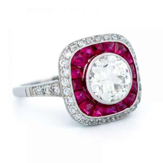 Vintage 1.59ct Old Mine Cut Diamond and Ruby Target Ring